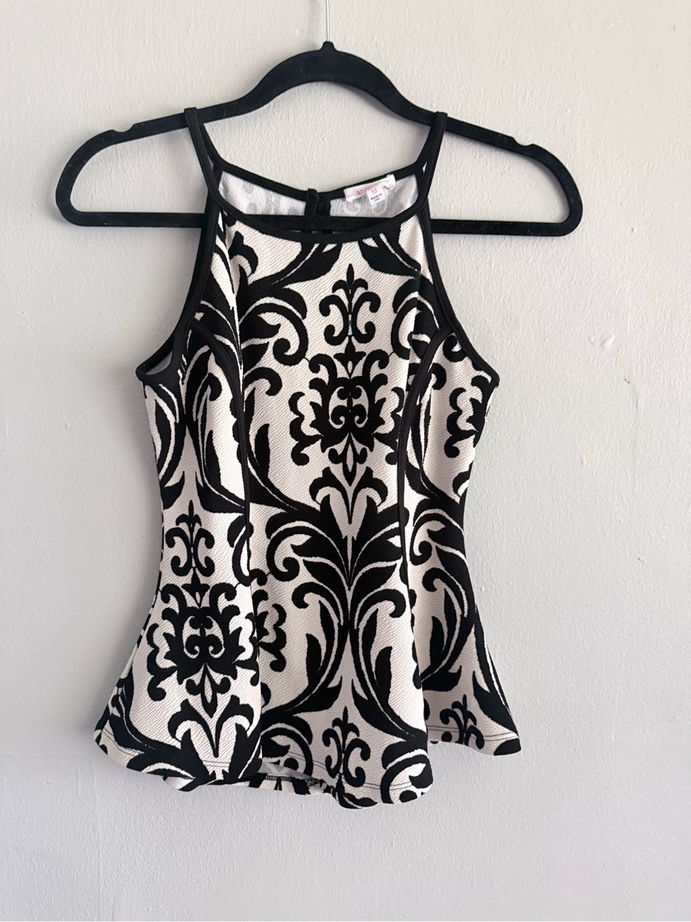 a'gaci Black and White Damask Halter Peplum Top